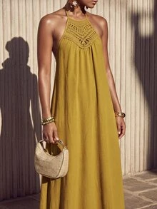 Zivah Mustard Yellow Summer Boho Women Long Dress,Loose Fit Lace Trim Side Slit Casual Vacation Holiday,Garden Party Beachwear,Music Festival Travel Outfits - Mustard Yellow - View 10