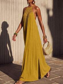 Zivah Mustard Yellow Summer Boho Women Long Dress,Loose Fit Lace Trim Side Slit Casual Vacation Holiday,Garden Party Beachwear,Music Festival Travel Outfits - Mustard Yellow - View 5