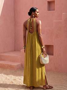 Zivah Mustard Yellow Summer Boho Women Long Dress,Loose Fit Lace Trim Side Slit Casual Vacation Holiday,Garden Party Beachwear,Music Festival Travel Outfits - Mustard Yellow - View 3