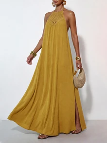 Zivah Mustard Yellow Summer Boho Women Long Dress,Loose Fit Lace Trim Side Slit Casual Vacation Holiday,Garden Party Beachwear,Music Festival Travel Outfits - Mustard Yellow - View 4