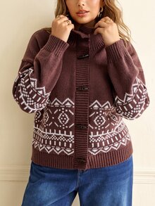 Écloséra Curve Plus Size Women Fall Winter Christmas Fair Isle Pattern Drop Shoulder Long Sleeve Cardigan, Horn Toggle Button Casual 1950s Vintage Knit Sweater White - Multicolor - View 1