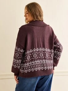 Écloséra Curve Plus Size Women Fall Winter Christmas Fair Isle Pattern Drop Shoulder Long Sleeve Cardigan, Horn Toggle Button Casual 1950s Vintage Knit Sweater White - Multicolor - View 4