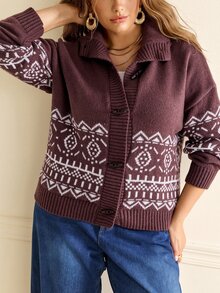 Écloséra Curve Plus Size Women Fall Winter Christmas Fair Isle Pattern Drop Shoulder Long Sleeve Cardigan, Horn Toggle Button Casual 1950s Vintage Knit Sweater White - Multicolor - View 5