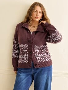 Écloséra Curve Plus Size Women Fall Winter Christmas Fair Isle Pattern Drop Shoulder Long Sleeve Cardigan, Horn Toggle Button Casual 1950s Vintage Knit Sweater White - Multicolor - View 3