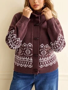 Écloséra Curve Plus Size Women Fall Winter Christmas Fair Isle Pattern Drop Shoulder Long Sleeve Cardigan, Horn Toggle Button Casual 1950s Vintage Knit Sweater White - Multicolor - View 6