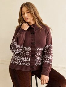 Écloséra Curve Plus Size Women Fall Winter Christmas Fair Isle Pattern Drop Shoulder Long Sleeve Cardigan, Horn Toggle Button Casual 1950s Vintage Knit Sweater White - Multicolor - View 2