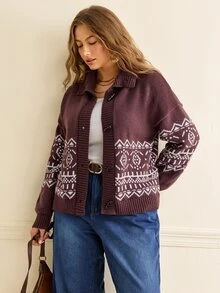 Écloséra Curve Plus Size Women Fall Winter Christmas Fair Isle Pattern Drop Shoulder Long Sleeve Cardigan, Horn Toggle Button Casual 1950s Vintage Knit Sweater White - Multicolor - View 7