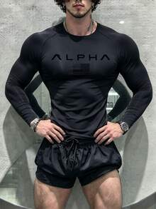 Coreblaze 男友风男士字母印花插肩袖运动T恤健身上衣长袖T恤秋季透气修身T恤秋季圆领压缩T恤，健身房 - 黑色 - 查看 3