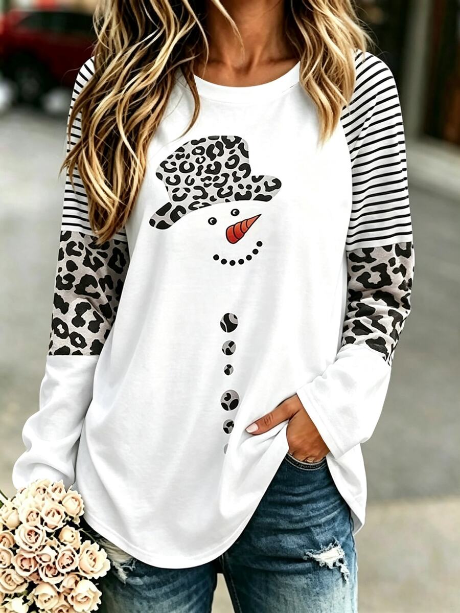 SHEIN LUNE Women's Crew Neck Long Sleeve Crack Print Pattern T-Shirt, Halloween T-Shirt - Apricot - View 1