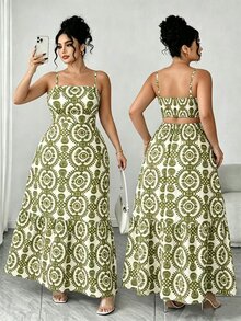 Elenzga Plus Size Women's Elegant Spaghetti Strap Ruched Waist A-Line Dress,Dual-Color Leaf Print,Olive Green,Summer,Boho,Vacation,Holiday,Parties,Weddings - Army Green - View 1