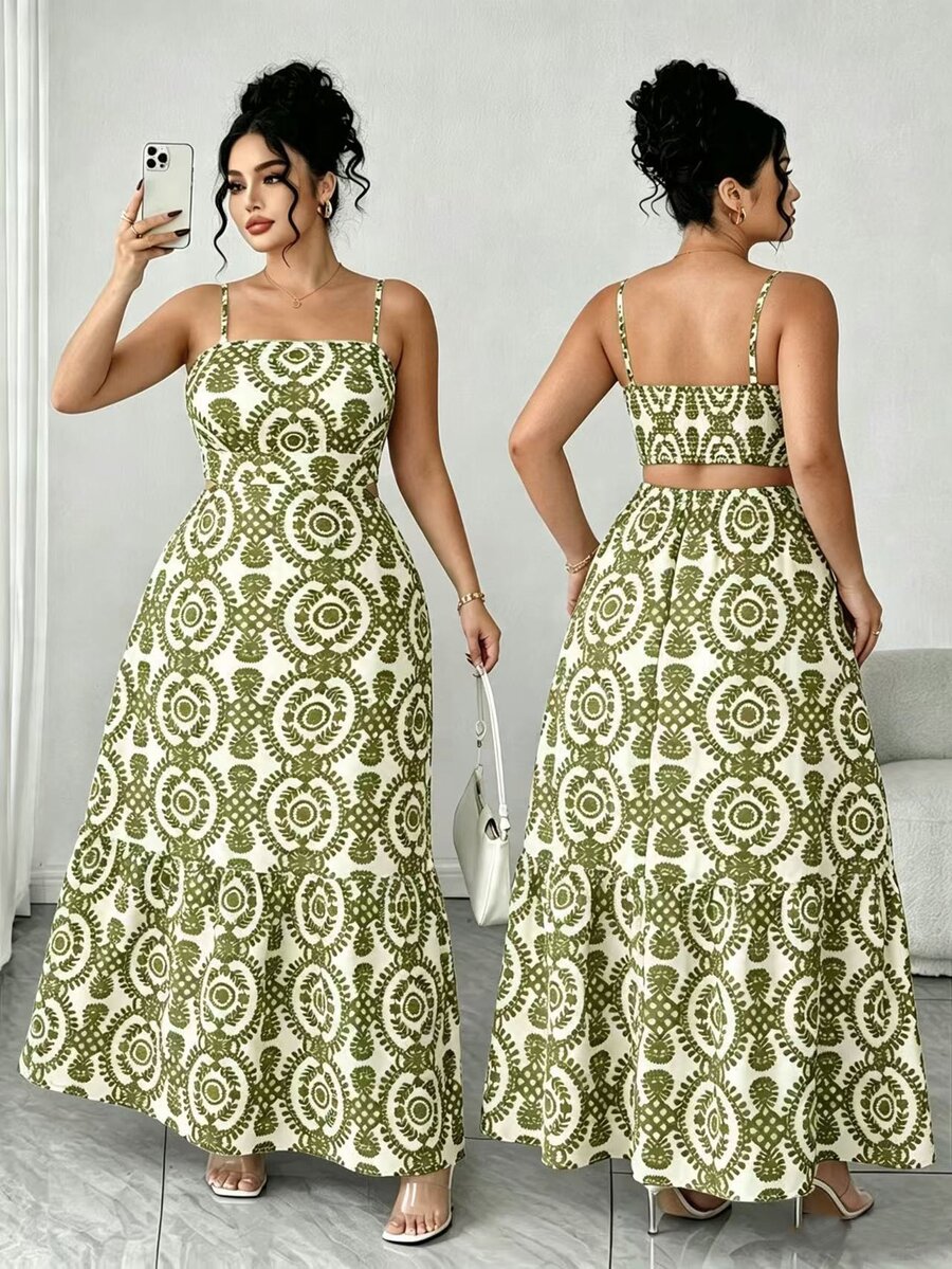 Elenzga Plus Size Women's Elegant Spaghetti Strap Ruched Waist A-Line Dress,Dual-Color Leaf Print,Olive Green,Summer,Boho,Vacation,Holiday,Parties,Weddings - Army Green - View 1