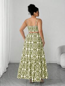 Elenzga Plus Size Women's Elegant Spaghetti Strap Ruched Waist A-Line Dress,Dual-Color Leaf Print,Olive Green,Summer,Boho,Vacation,Holiday,Parties,Weddings - Army Green - View 2