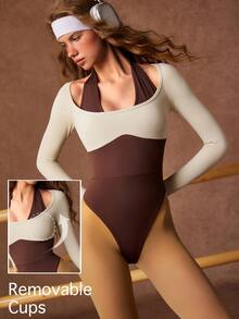 VARSIVA Women's Brown & Cream Colorblock Long-Sleeve Workout Bodysuit, Stretchy Yoga Leotard With Removable Cups For Pilates & Training - Multicolor - View 11
