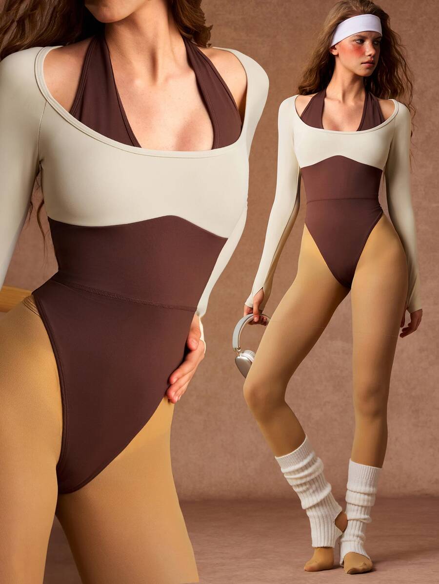 VARSIVA Women's Brown & Cream Colorblock Long-Sleeve Workout Bodysuit, Stretchy Yoga Leotard With Removable Cups For Pilates & Training - Multicolor - View 1