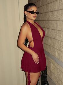 Dayanna Comas Women's Summer Party Club Night Y2K Holiday Vacation Concert Festival Stretchy Bustier Backless Deep V-Neck Ruffle Fringe Burgundy Mini Dress - Burgundy - View 4