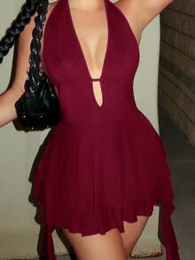 Dayanna Comas Women's Summer Party Club Night Y2K Holiday Vacation Concert Festival Stretchy Bustier Backless Deep V-Neck Ruffle Fringe Burgundy Mini Dress - Burgundy - View 5