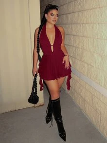 Dayanna Comas Women's Summer Party Club Night Y2K Holiday Vacation Concert Festival Stretchy Bustier Backless Deep V-Neck Ruffle Fringe Burgundy Mini Dress - Burgundy - View 3