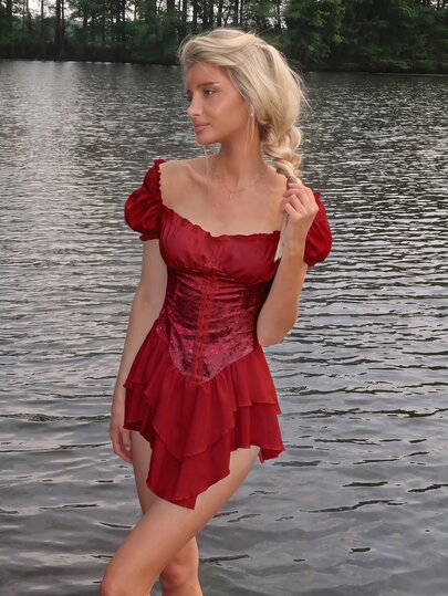 Sydney Algeri Women's Dark Red Summer Elegant Party Off Shoulder Pleated Jacquard Waist Tie Ruffle Hem A-Line Chiffon Mini Dress,Splice Multi-Layer Casual Dresses