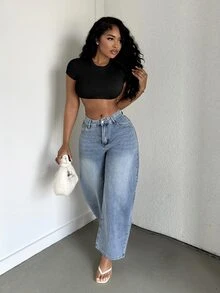 Alexandranx Casual Minimalist Solid Color Round Neck Short Sleeve Cropped Fitted T-Shirt For Women, Summer Suitable For Going Out - Black - View 4