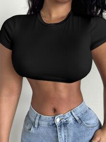 Alexandranx Casual Minimalist Solid Color Round Neck Short Sleeve Cropped Fitted T-Shirt For Women, Summer Suitable For Going Out - Black - View 6