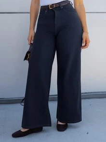 Andrea Bello Women's Solid Color Wide Leg Loose Cargo Pocket Casual Jeans - Dark Wash - View 2