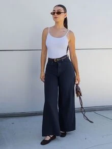 Andrea Bello Women's Solid Color Wide Leg Loose Cargo Pocket Casual Jeans - Dark Wash - View 6