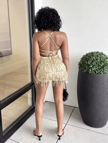 Alexandranx Women Sequin Fringe Decor Criss-Cross Backless Jumpsuit For New Year Clothes - Gold - View 5
