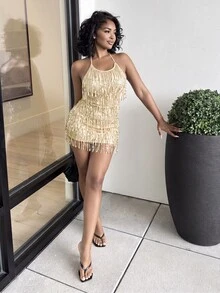 Alexandranx Women Sequin Fringe Decor Criss-Cross Backless Jumpsuit For New Year Clothes - Gold - View 3