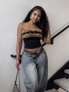 Alexandranx Spring Party Black Y2K Sexy Animal Print Buckle Crop Top With Faux Fur Collar - Black - View 4