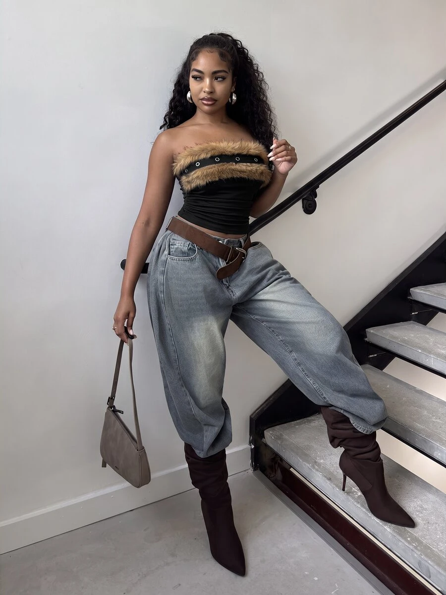 Alexandranx Spring Party Black Y2K Sexy Animal Print Buckle Crop Top With Faux Fur Collar - Black - View 1