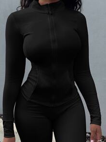 Alexandranx 女士常规版型休闲运动拉链飞行员夹克，春秋季女装外套 - 黑色 - 查看 3
