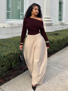 Alexandranx Women's Casual Asymmetrical Hem Cropped Top, Solid Color, Spring/Autumn - Maroon - View 6