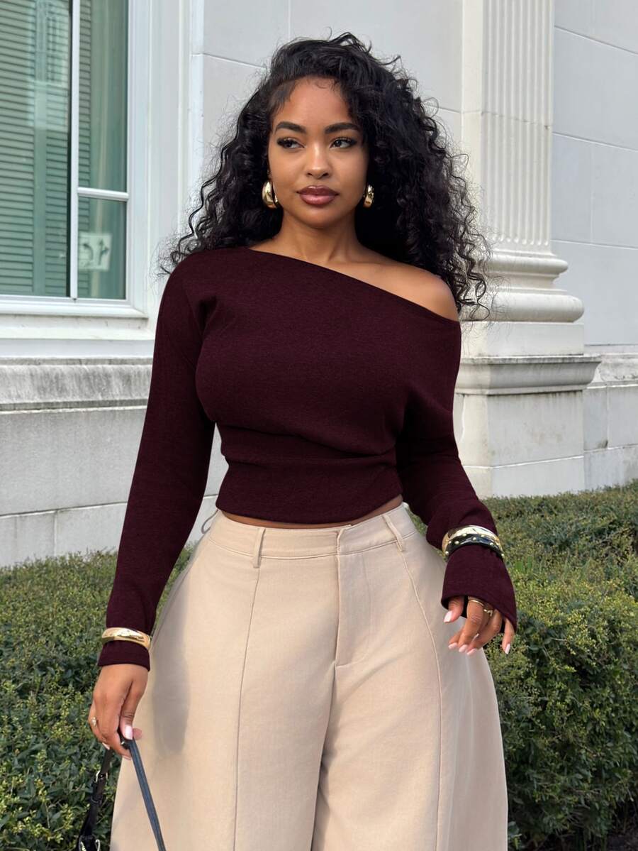 Alexandranx Women's Casual Asymmetrical Hem Cropped Top, Solid Color, Spring/Autumn - Maroon - View 1