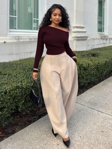 Alexandranx Women's Casual Asymmetrical Hem Cropped Top, Solid Color, Spring/Autumn - Maroon - View 3