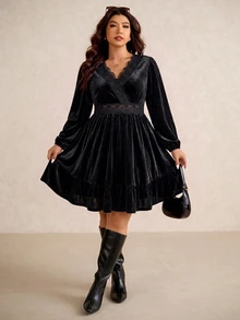 Elaquor Plus Size Women's Autumn Velvet Contrast Lace V-Neck Waist-Cinching Dress Fall/Winter Casual Black Dress For Women Casual Going Out Dress For Women - Black - View 4