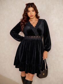 Elaquor Plus Size Women's Autumn Velvet Contrast Lace V-Neck Waist-Cinching Dress Fall/Winter Casual Black Dress For Women Casual Going Out Dress For Women - Black - View 6
