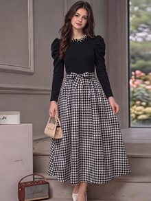 SHEIN 青少年女孩優雅休閒珍珠領泡泡長袖千鳥格洋裝，高雅腰帶設計復古拼接A字裙，適合秋季正式派對，黑白配色 - 黑色 - 查看 3