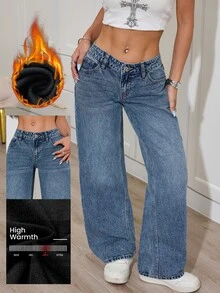 SHEIN PETITE 女款時尚鈕扣口袋寬鬆牛仔褲，秋冬款，刷毛牛仔面料 - 深色水洗藍 - 查看 1