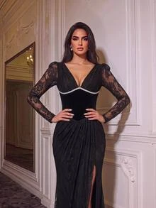 Glamrae Elegant Luxurious Black Elastic Lace Patchwork Velvet V-Neck Long Sleeve Ruched Sexy Slit Mermaid Dress With Rhinestone Decor, Suitable For Weddings, Parties, Vacations, Balls And Other Formal Occasions - Black - View 2