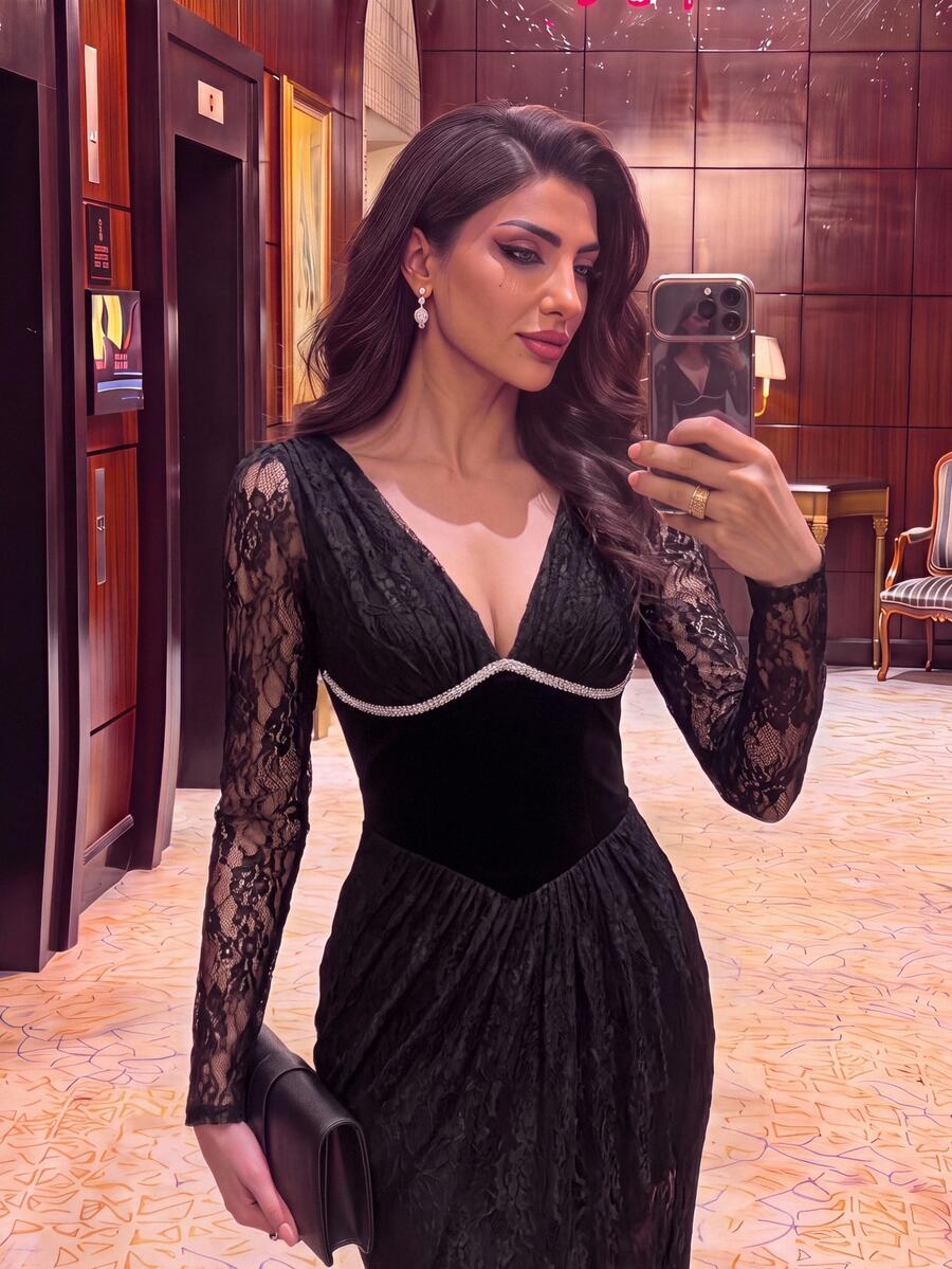 Glamrae Elegant Luxurious Black Elastic Lace Patchwork Velvet V-Neck Long Sleeve Ruched Sexy Slit Mermaid Dress With Rhinestone Decor, Suitable For Weddings, Parties, Vacations, Balls And Other Formal Occasions - Black - View 1