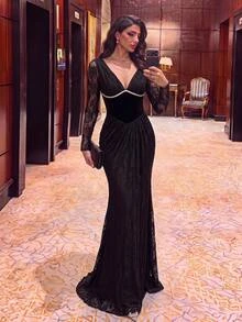 Glamrae Elegant Luxurious Black Elastic Lace Patchwork Velvet V-Neck Long Sleeve Ruched Sexy Slit Mermaid Dress With Rhinestone Decor, Suitable For Weddings, Parties, Vacations, Balls And Other Formal Occasions - Black - View 3