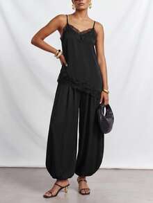 Zivah Sexy Tropical Jamaican European Lace Trim Camisole And Loose Lantern Pants Modern 2 Pieces Set For Music Festival Birthday Party Vacation Black Summer - Black - View 7