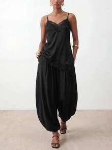 Zivah Sexy Tropical Jamaican European Lace Trim Camisole And Loose Lantern Pants Modern 2 Pieces Set For Music Festival Birthday Party Vacation Black Summer - Black - View 4