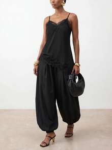 Zivah Sexy Tropical Jamaican European Lace Trim Camisole And Loose Lantern Pants Modern 2 Pieces Set For Music Festival Birthday Party Vacation Black Summer - Black - View 6