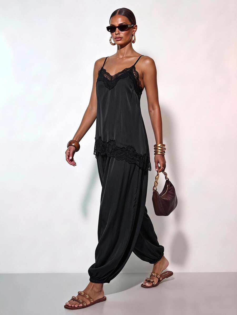 Zivah Sexy Tropical Jamaican European Lace Trim Camisole And Loose Lantern Pants Modern 2 Pieces Set For Music Festival Birthday Party Vacation Black Summer