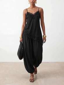 Zivah Sexy Tropical Jamaican European Lace Trim Camisole And Loose Lantern Pants Modern 2 Pieces Set For Music Festival Birthday Party Vacation Black Summer - Black - View 5