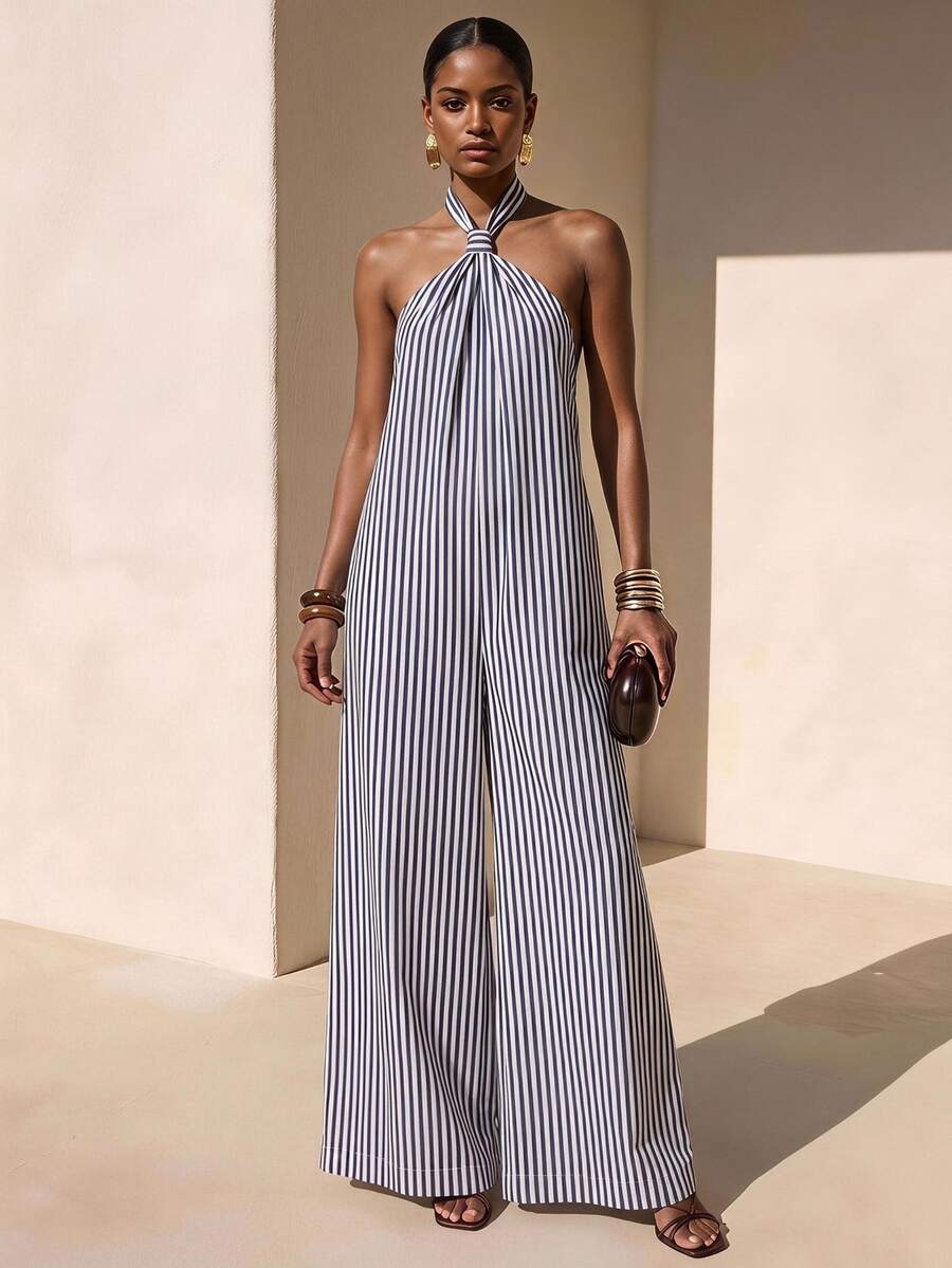 Zivah 2026春夏新款音乐节、复活节、母亲节、婚礼季、生日派对、日常休闲穿着、度假、邮轮旅行、海滩、日光浴、优雅休闲露背扭结阔腿连体裤、多色格纹印花女式连体裤