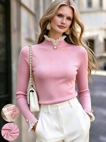 RosyDaze ملابس علوية علوي داخلي محبوك مضلع وردي اللون بأسلوب حلو وناعم للخريف/الشتاء، حافة كشكش شيفون وياقة نصف عالية وأزرار لؤلؤية، قصة ضيقة وأكمام طويلة واسعة، ملابس علوية تي شيرت متعدد الاستخدامات للتنقل والمواعيد - وردي - مشاهدة 2