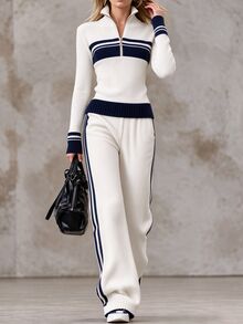 LUMIGAL Women's Zip-Up Half-Placket Long Sleeve Sweater And Pocket Knit Pants 2 Pieces Set - White - View 5
