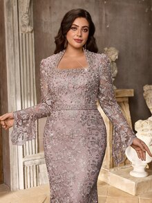 Aureia Plus Size Small Stand Collar Luxury Beaded Flare Sleeve Mermaid Tail Heavy Embellished Evening Gown - Dusty Pink - View 4